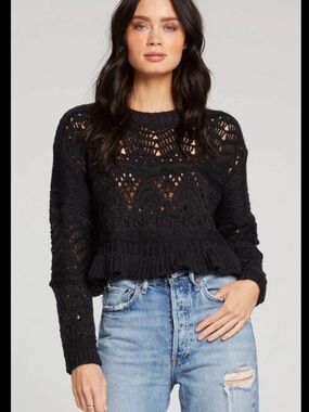 saltwater LUXE Black Crochet Peplum Sweater